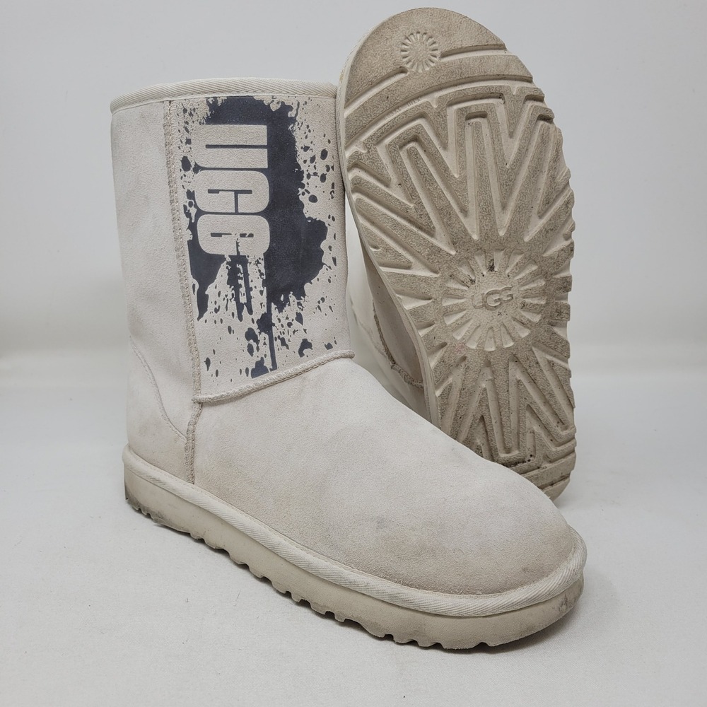 UGG Classic Short Paint Splatter Logo White Suede Boots Womens 8 1114534